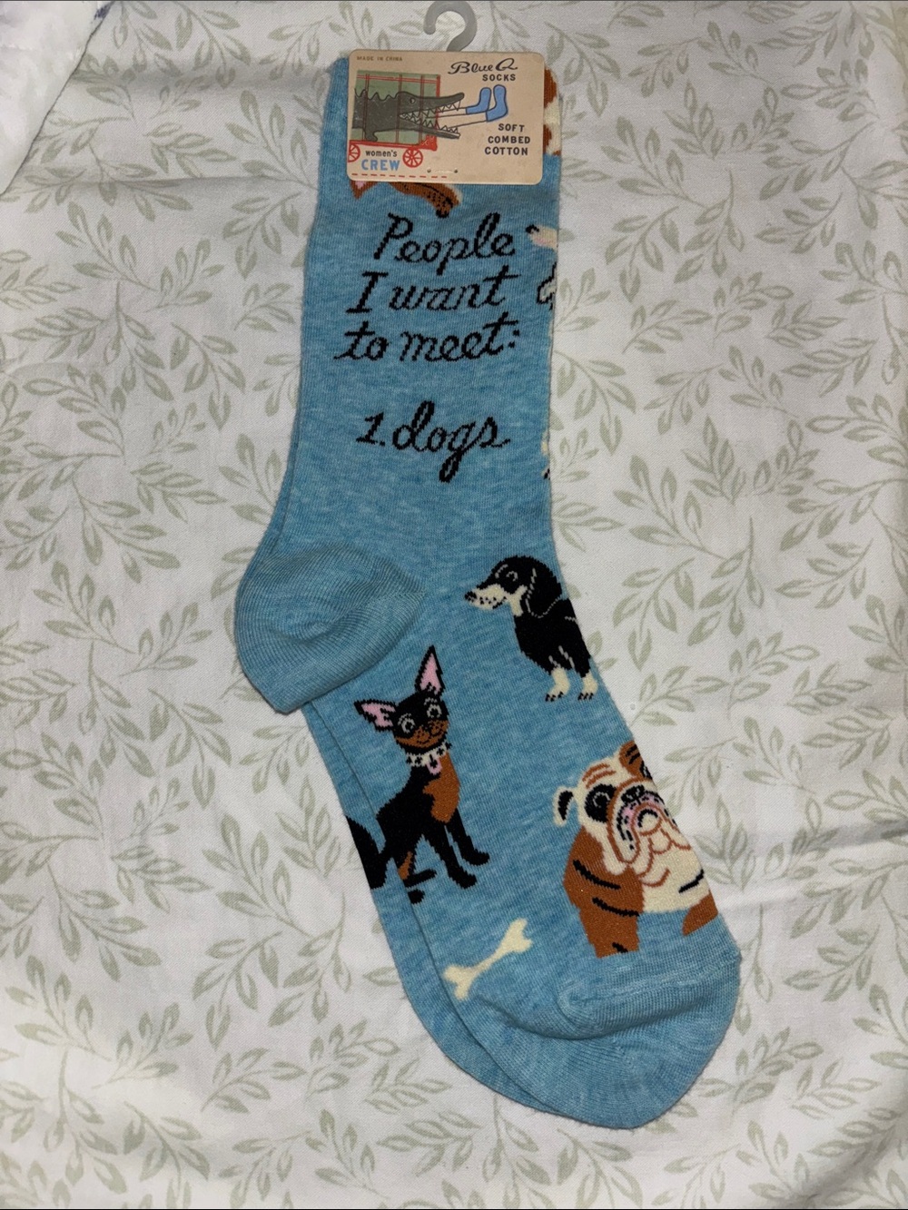 Blue Q Light Blue Dog Crew Socks with Playful Pup Designs